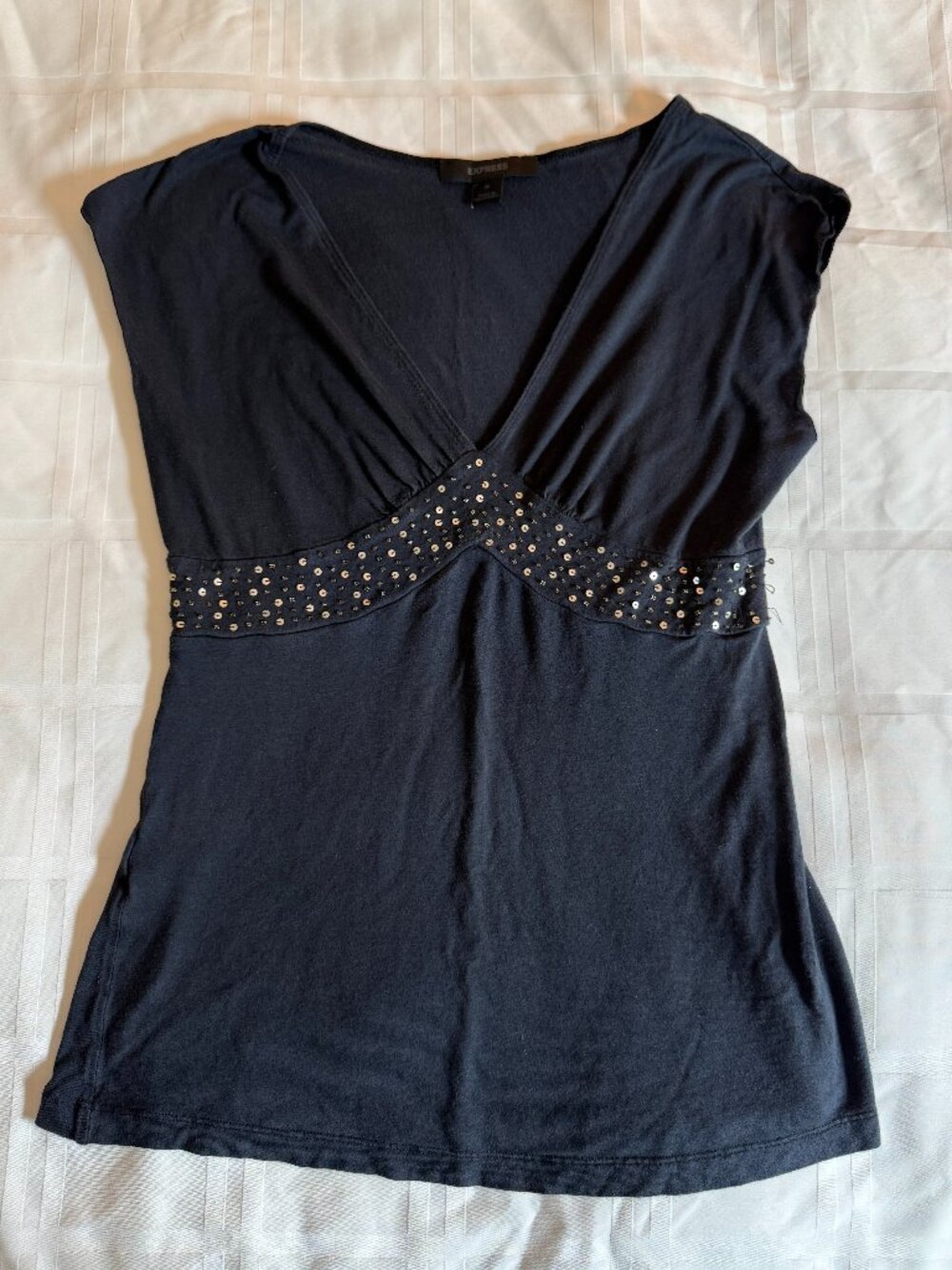 Vintage Express Y2K Black Beaded Top Babydoll Womens M V-neck T-Shirt Blouse